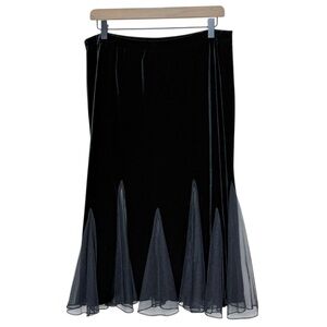 Vtg 90s XSCAPE Black Velvet Midi Skirt Sheer Insert Size XL Fairy Whimsigoth